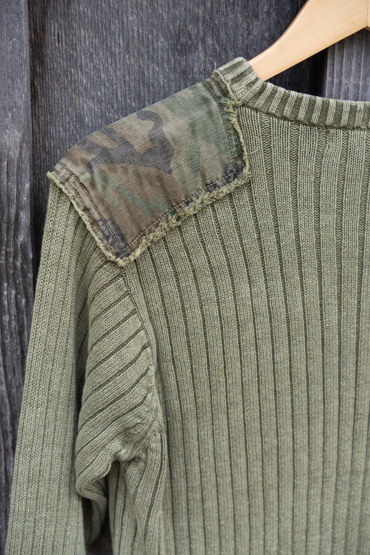 Ribbed Knit Camo Shoulder Patch Sweater