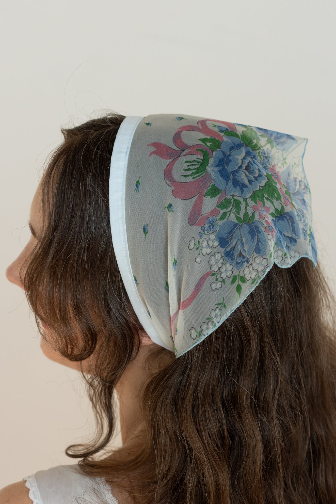 Blue Floral Ribbon Head Scarf