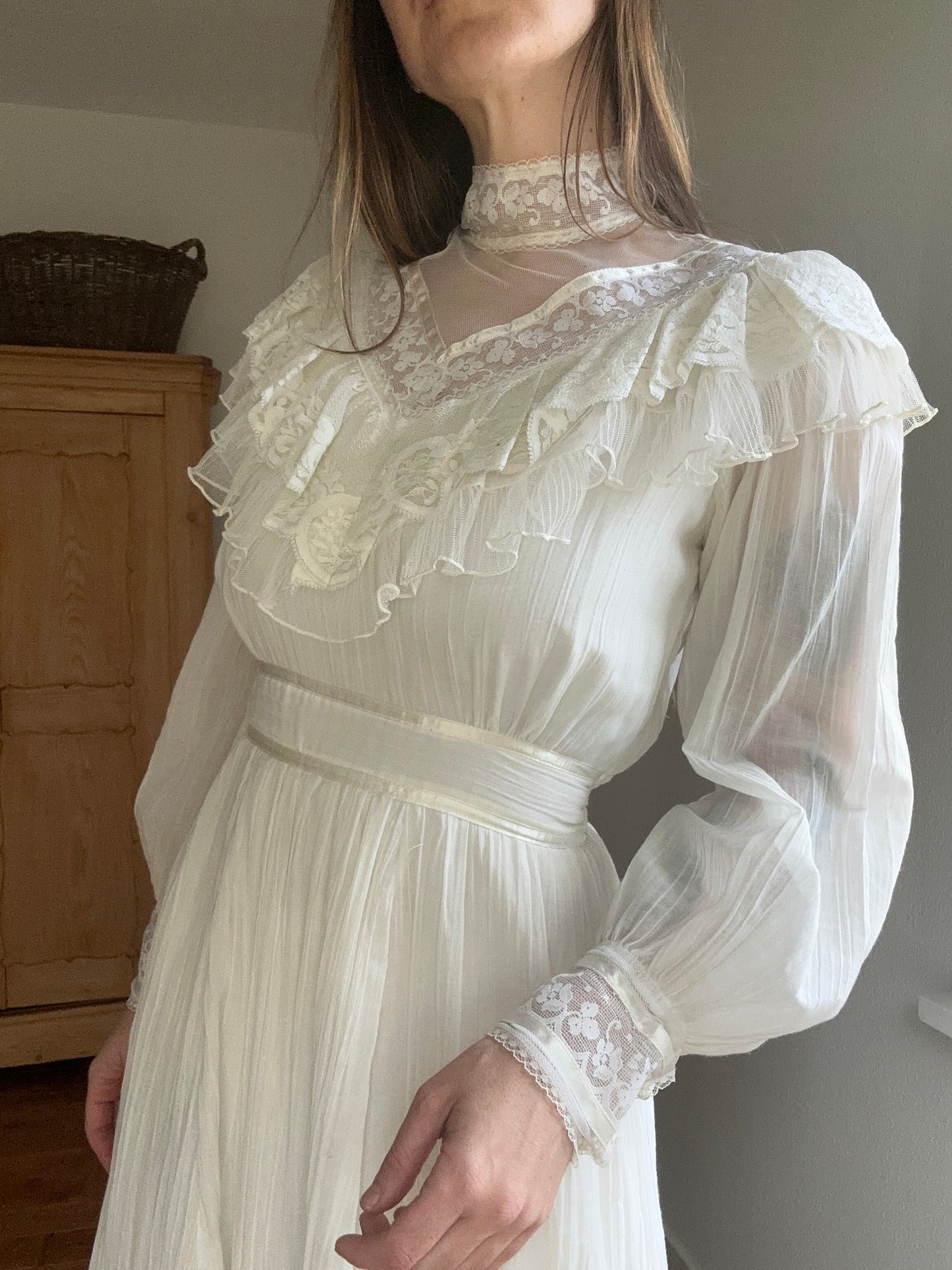 1970's Gunne Sax Plisse Ruffle Gown