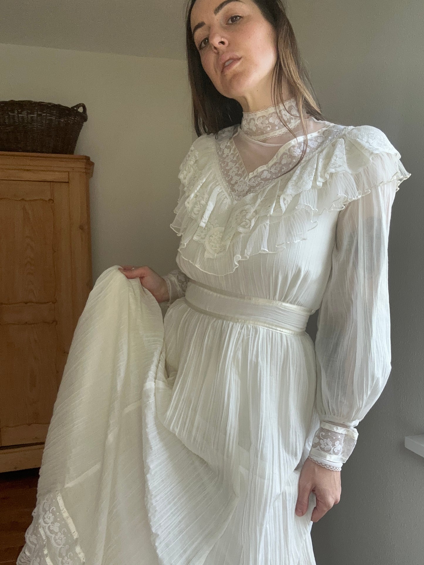 1970's Gunne Sax Plisse Ruffle Gown