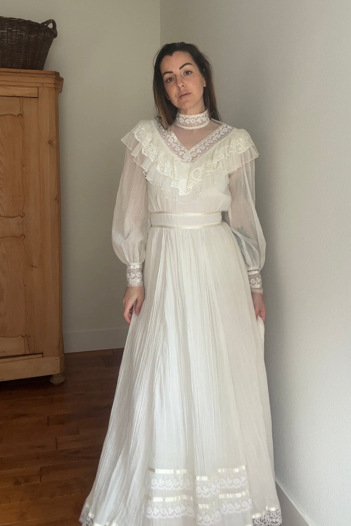 1970's Gunne Sax Plisse Ruffle Gown