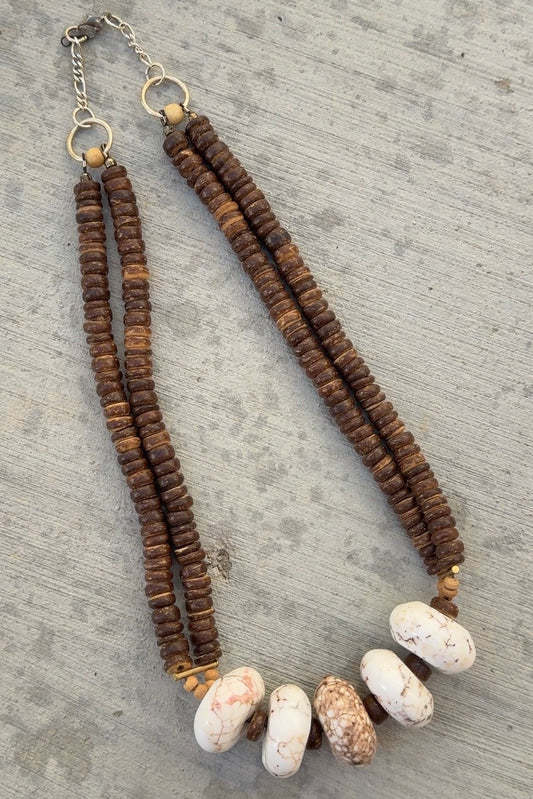 Sterling Silver Genuine Stone & Wood Bead Necklace