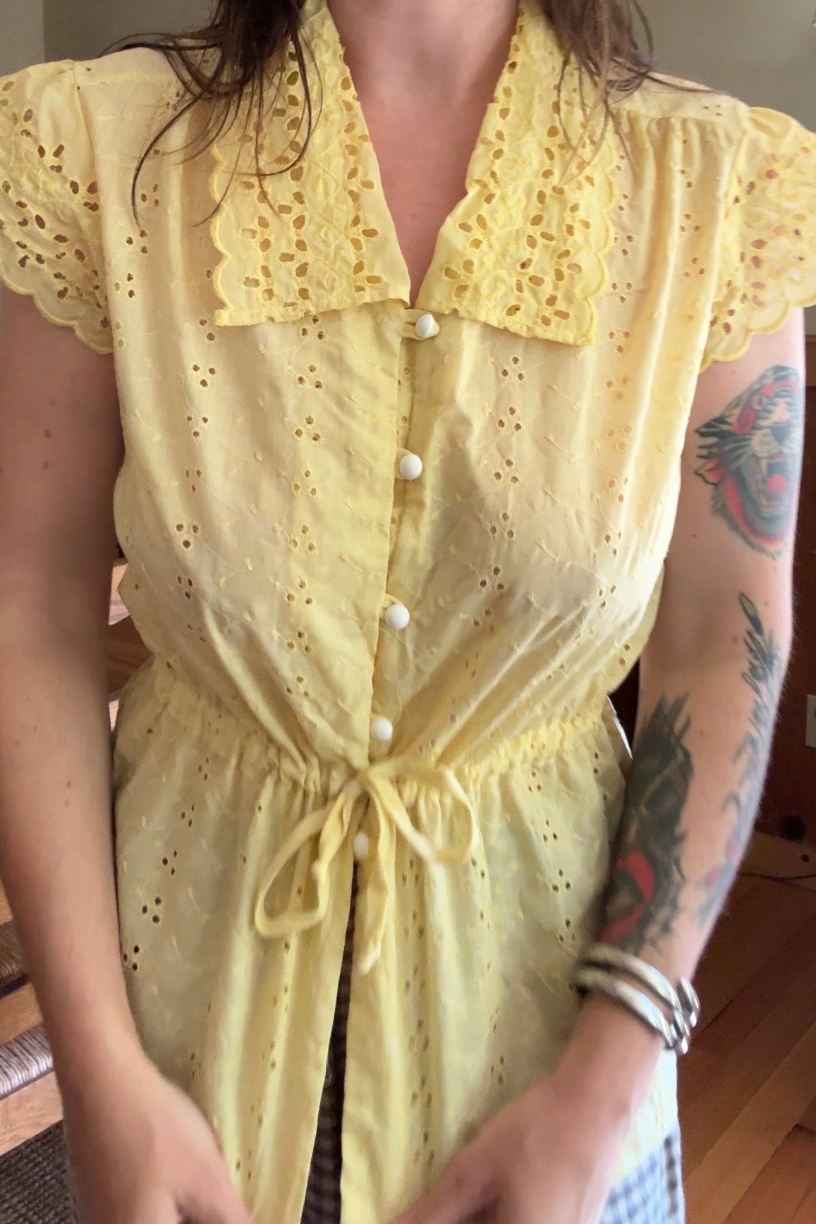 Botanically Dyed Vintage Eyelet Drawstring Blouse