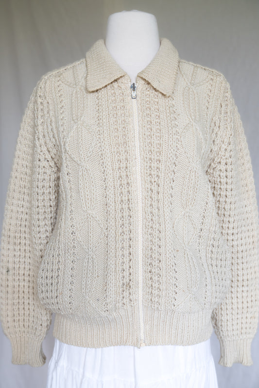 Wool Cableknit Zip-up Sweater