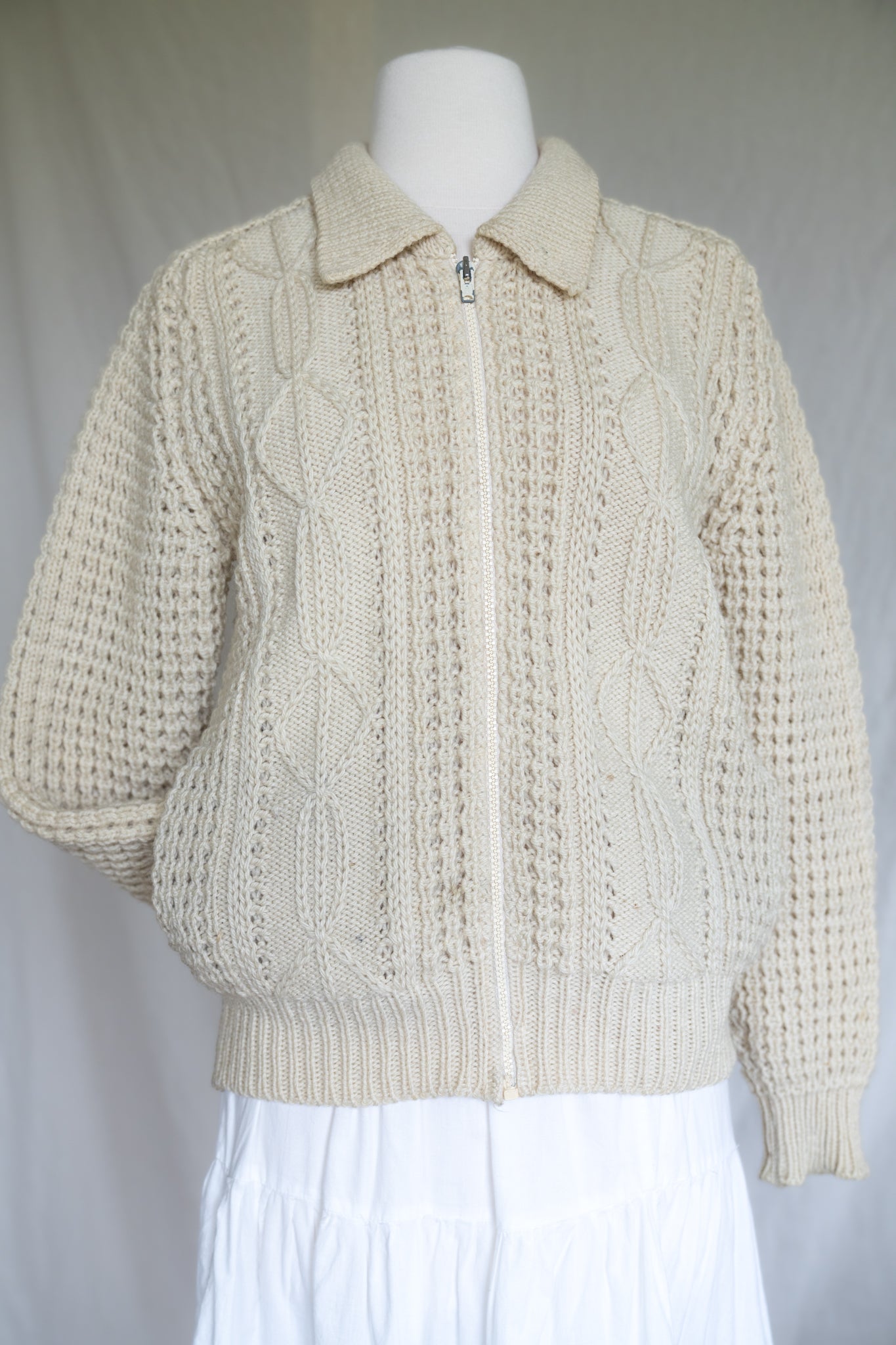 Wool Cableknit Zip-up Sweater