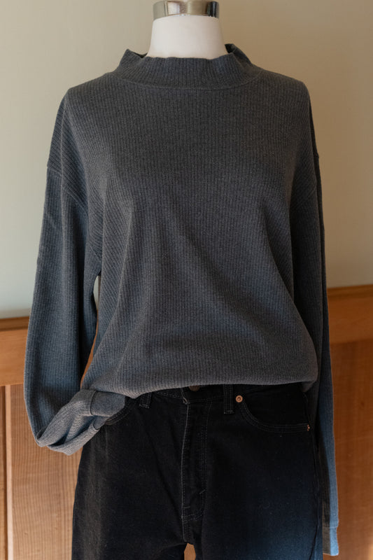 Cotton Ribbed Mock-Neck — Soft Charcoal