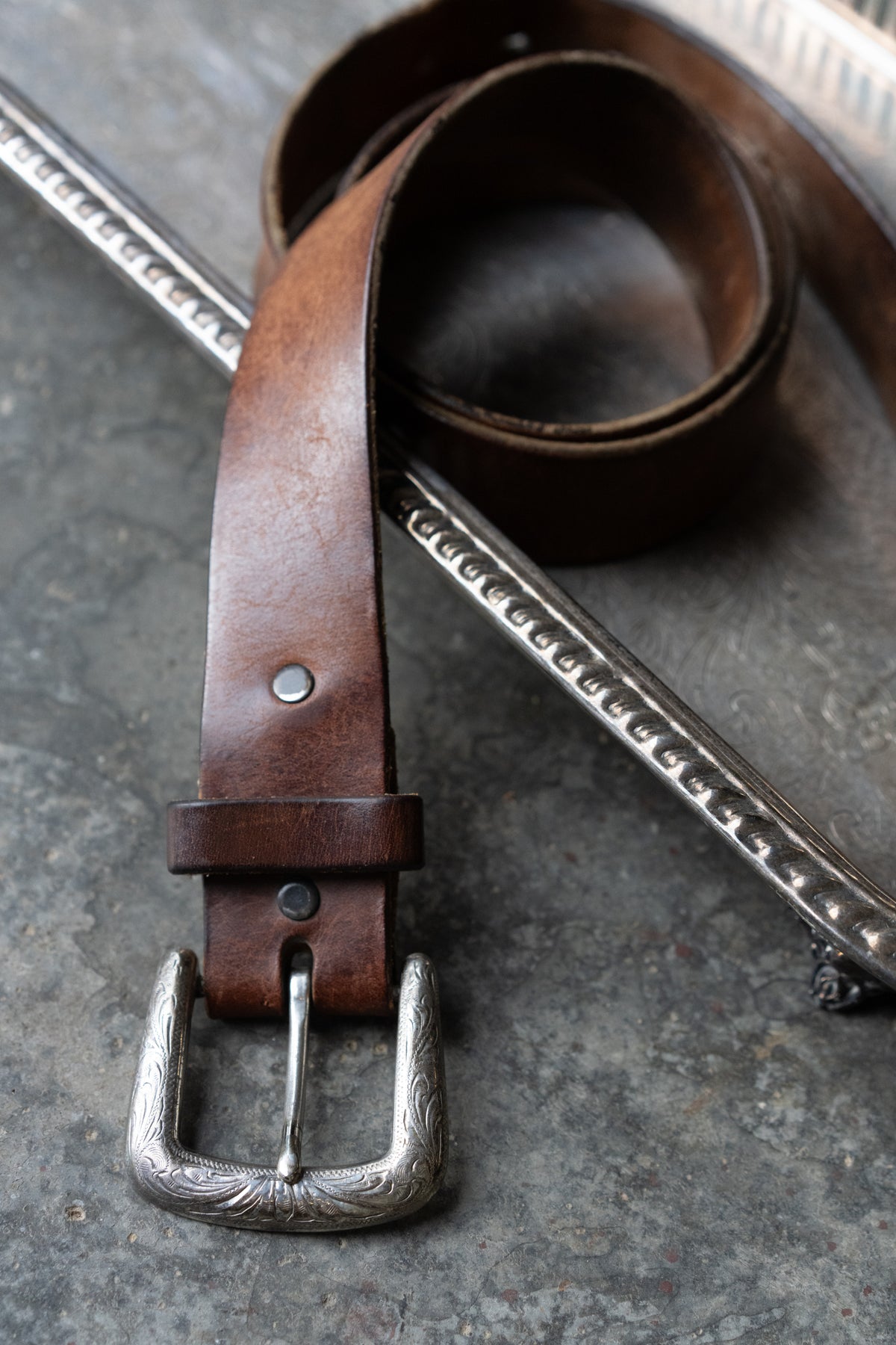 Engraved Silver Buckle Leather Belt