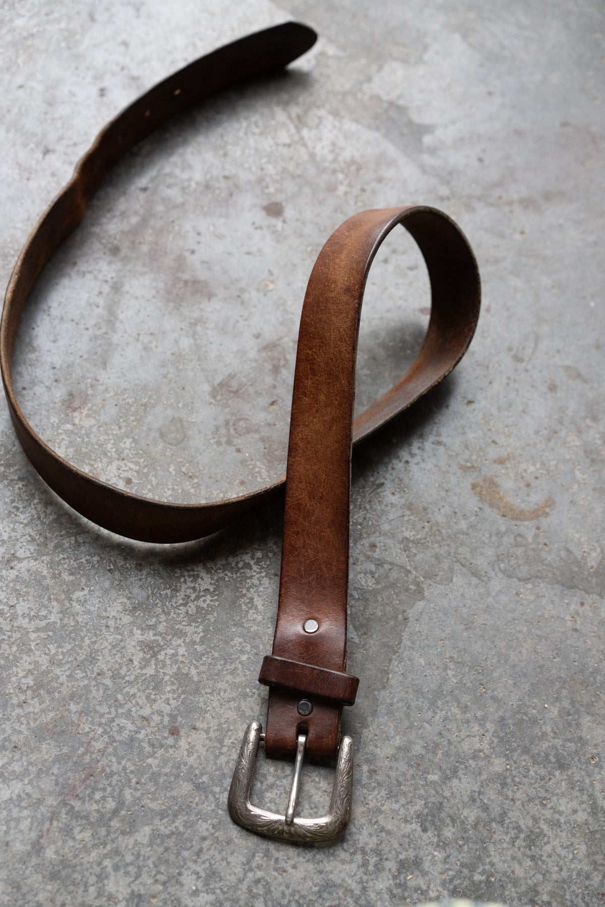 Engraved Silver Buckle Leather Belt