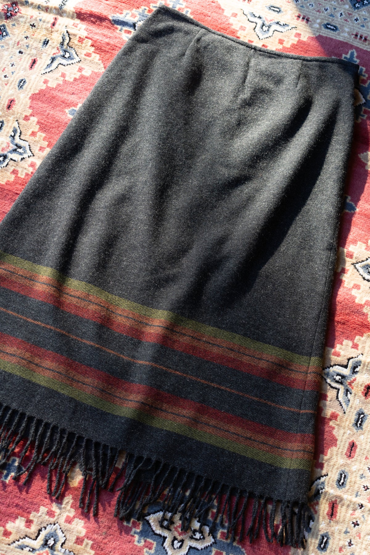 Sundance Charcoal Wool Striped Fringe Skirt