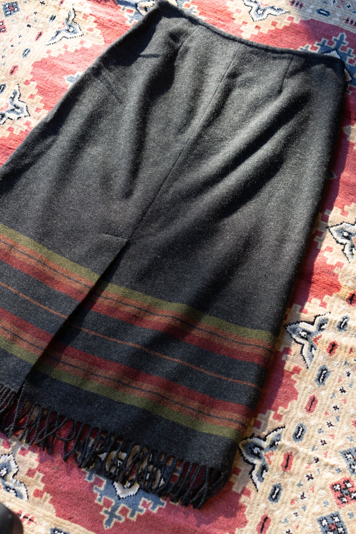 Sundance Charcoal Wool Striped Fringe Skirt
