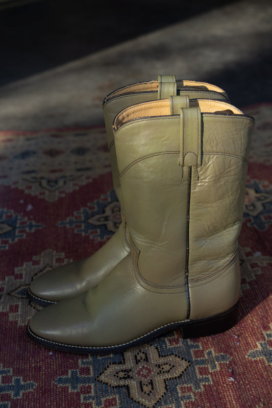 Olive Green Leather Roper Western Boots