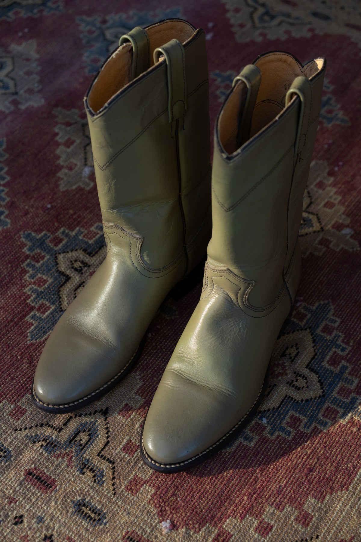 Olive Green Leather Roper Western Boots