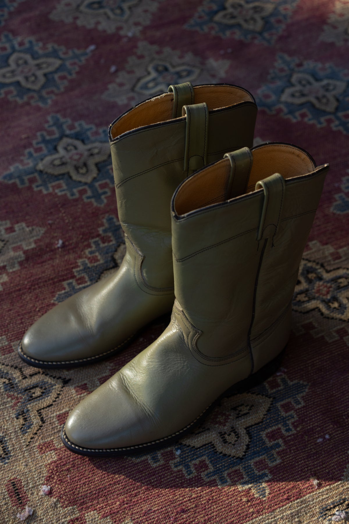 Olive Green Leather Roper Western Boots