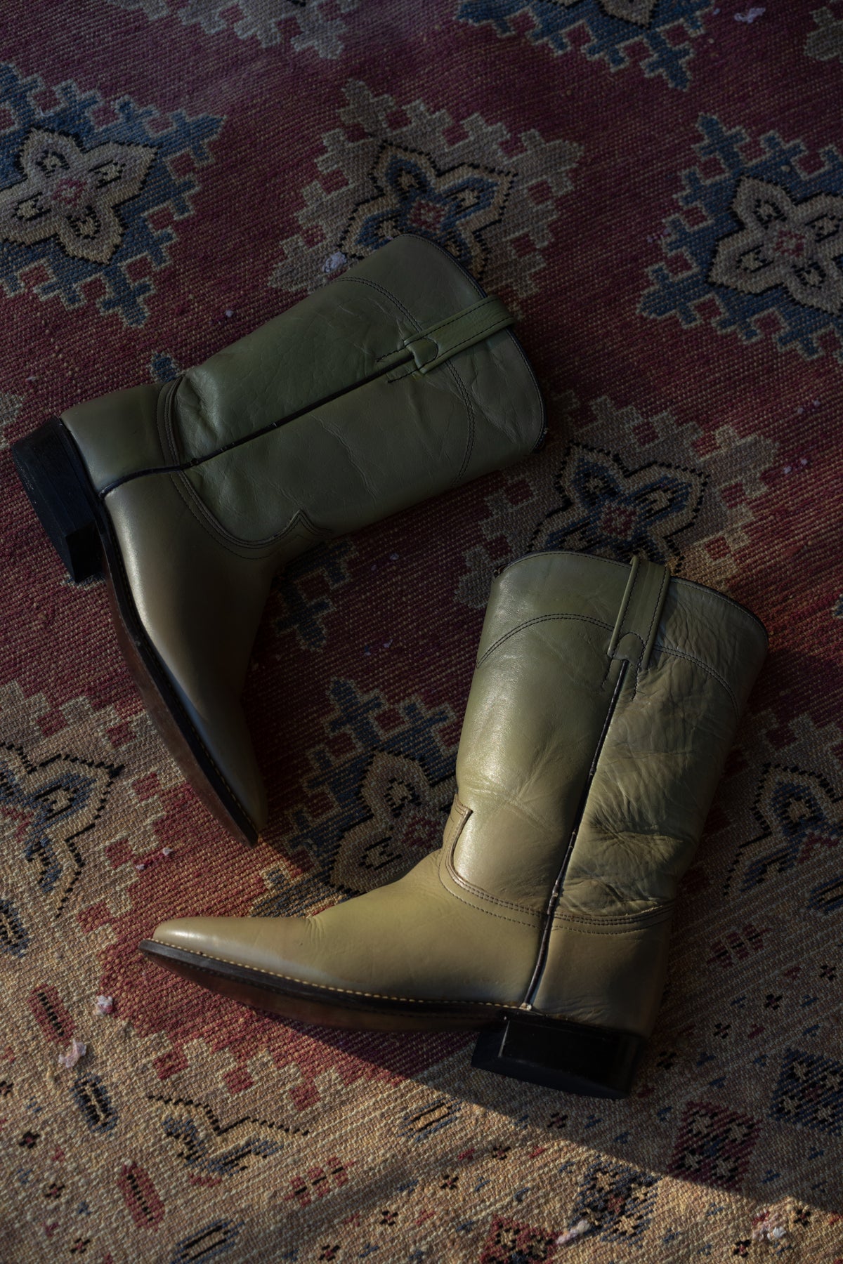 Olive Green Leather Roper Western Boots