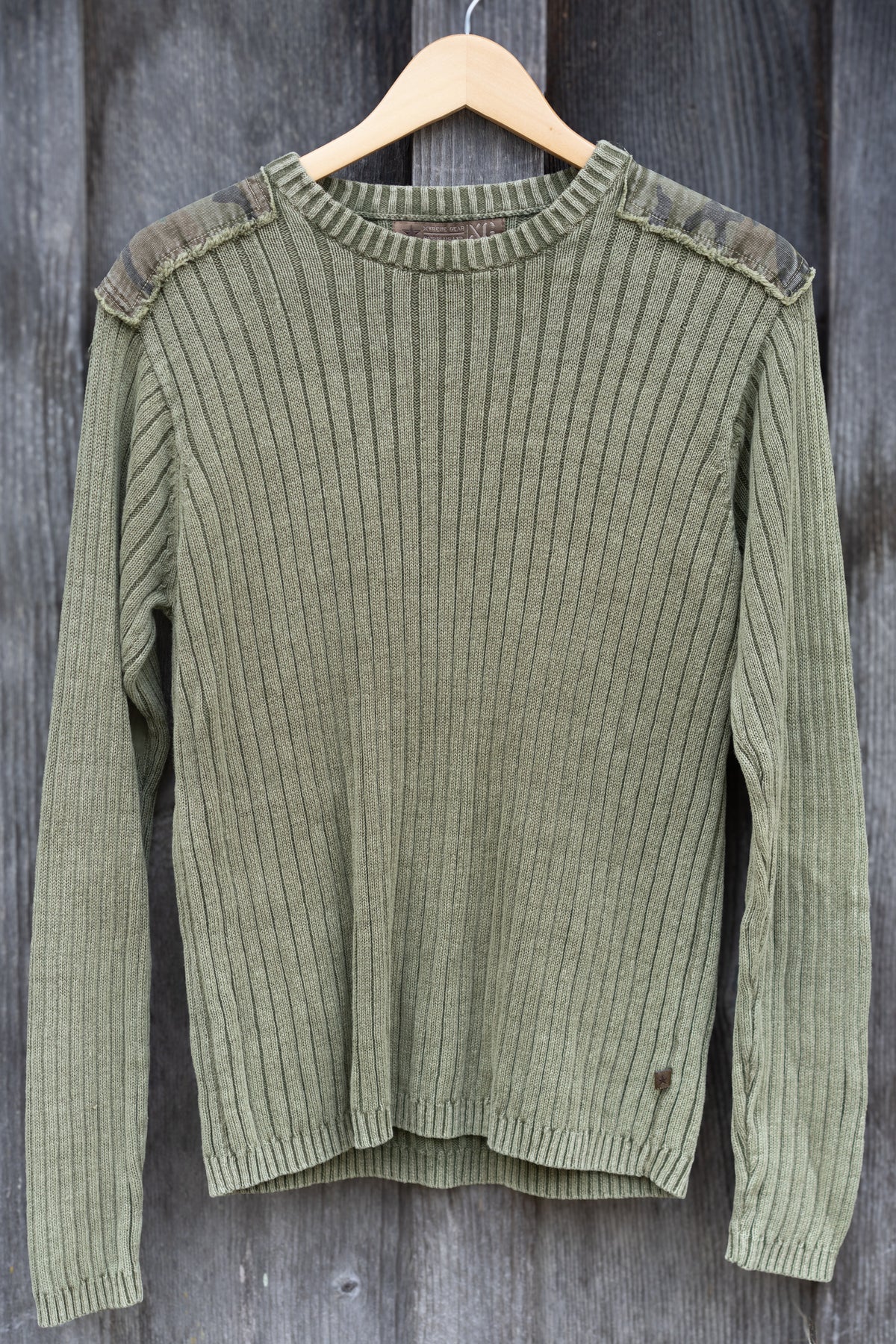 Ribbed Knit Camo Shoulder Patch Sweater