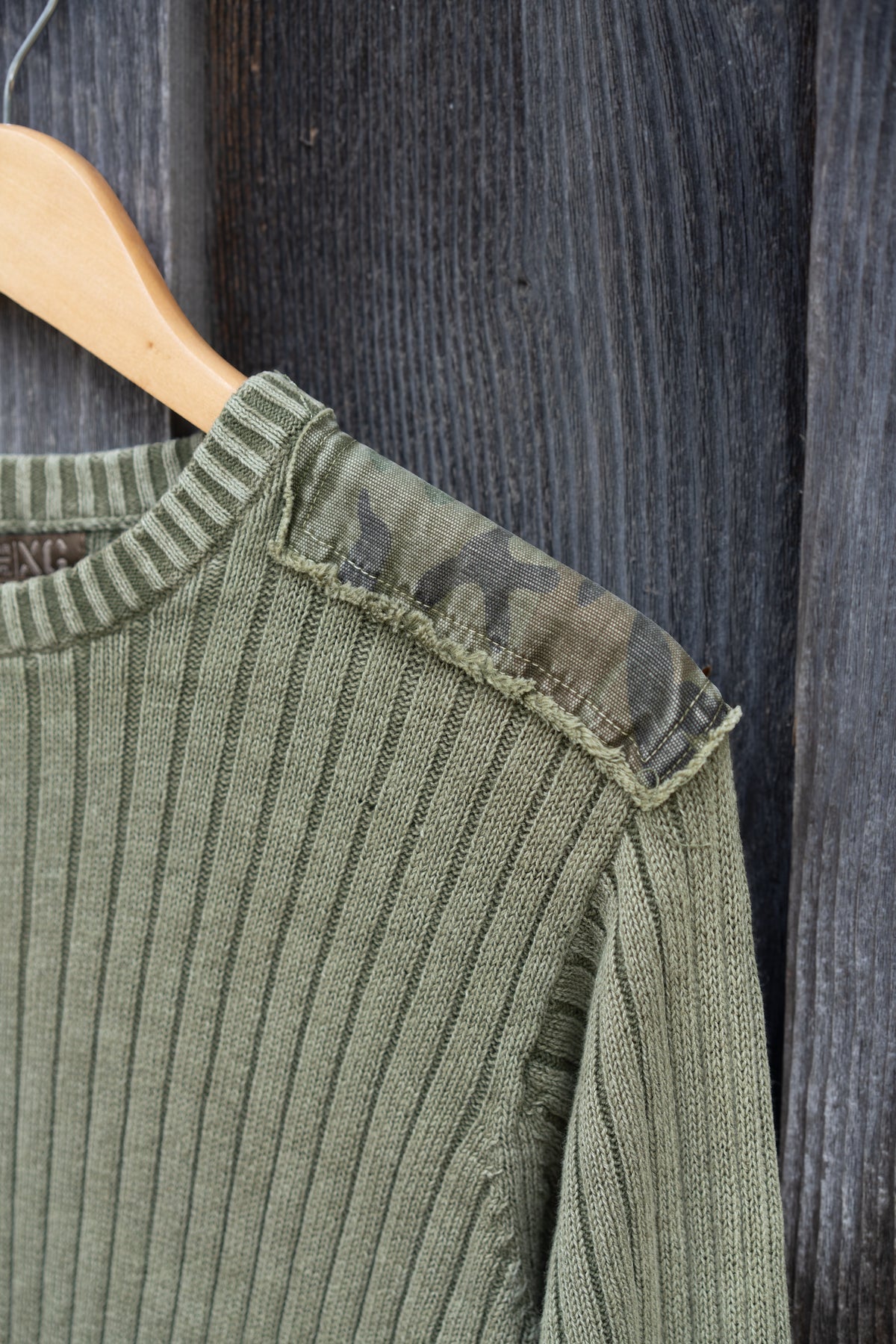 Ribbed Knit Camo Shoulder Patch Sweater