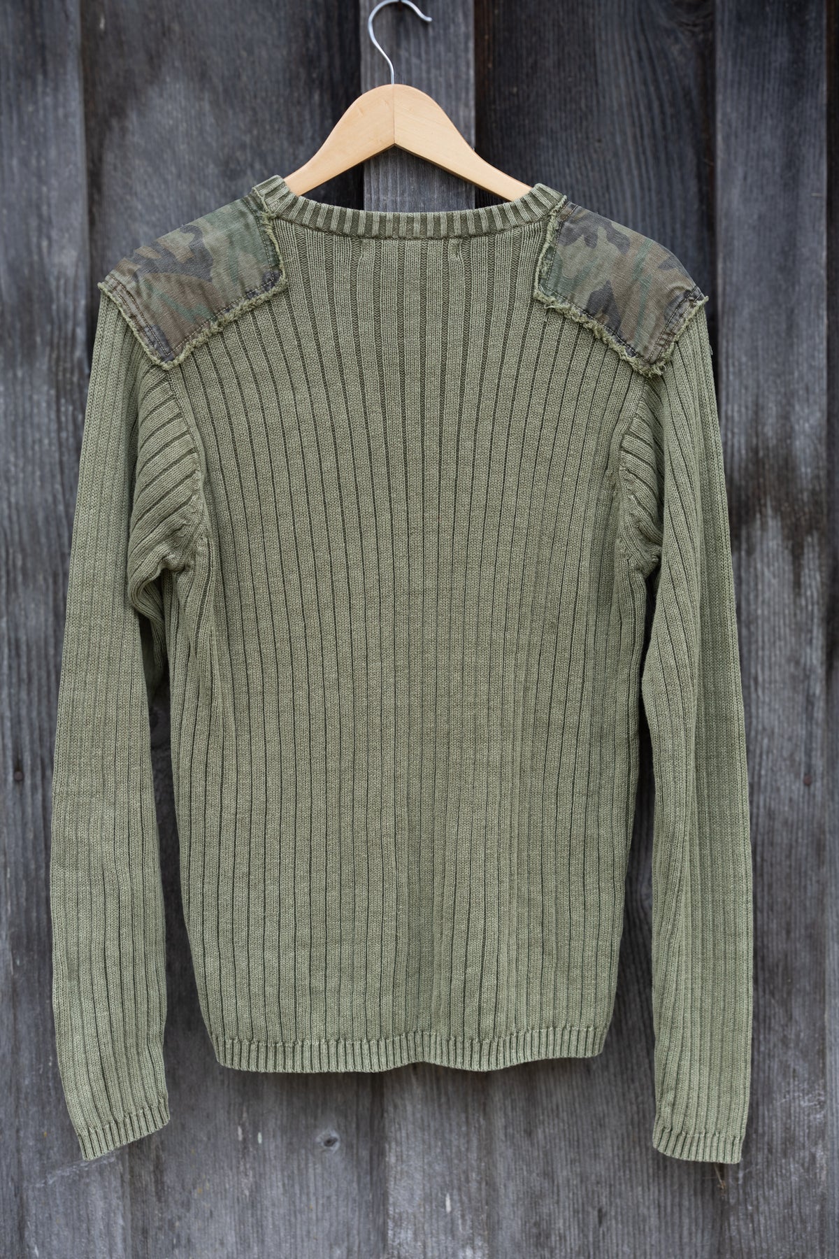 Ribbed Knit Camo Shoulder Patch Sweater