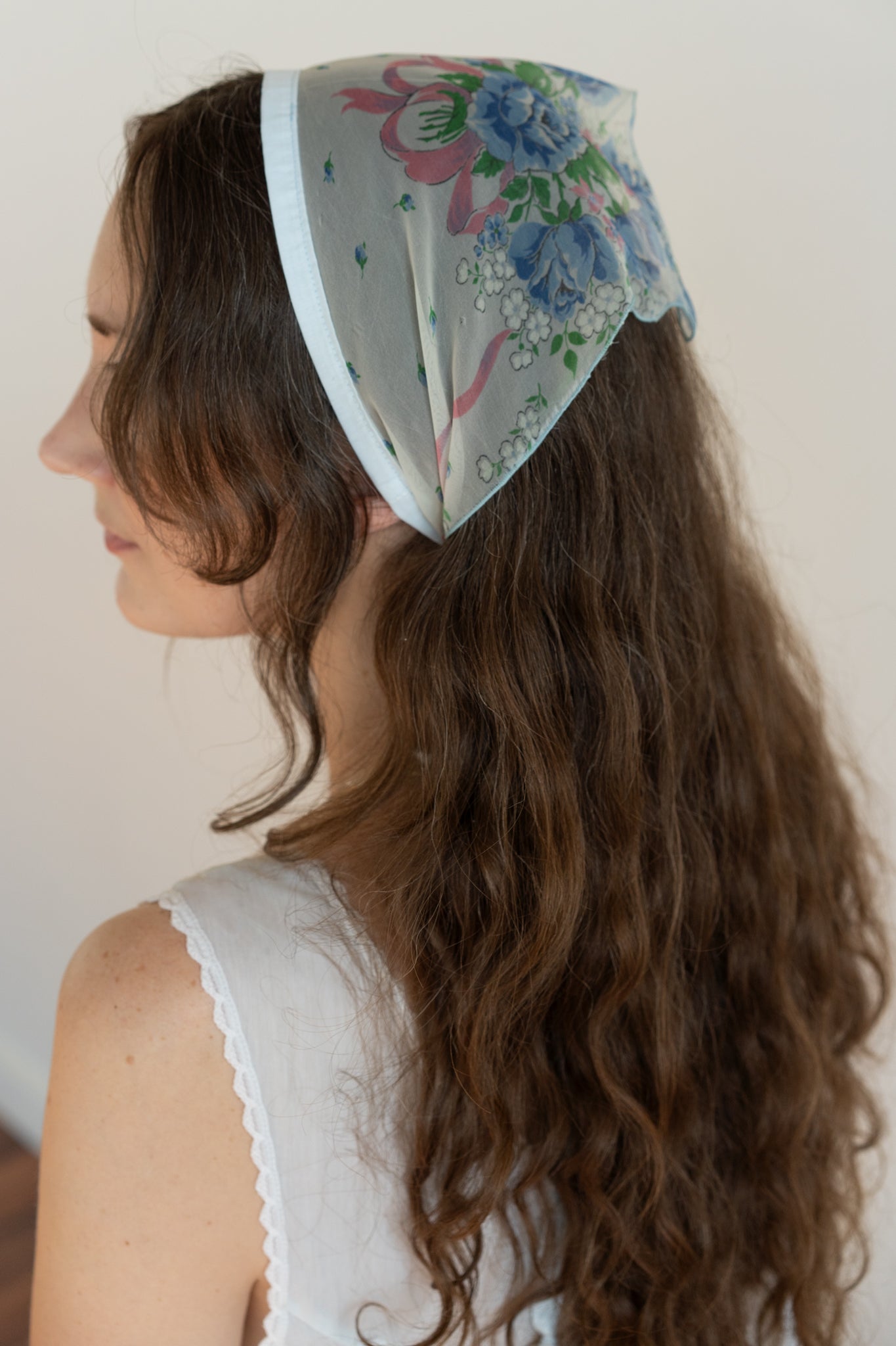 Blue Floral Ribbon Head Scarf