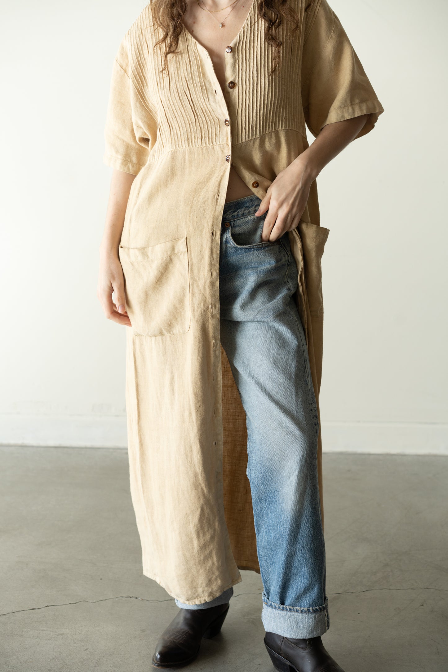 Pintuck Linen Maxi Dress