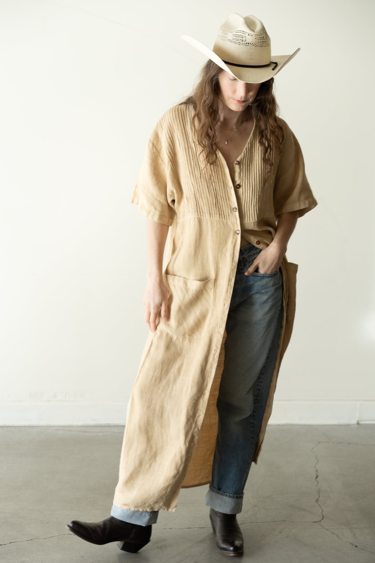 Pintuck Linen Maxi Dress