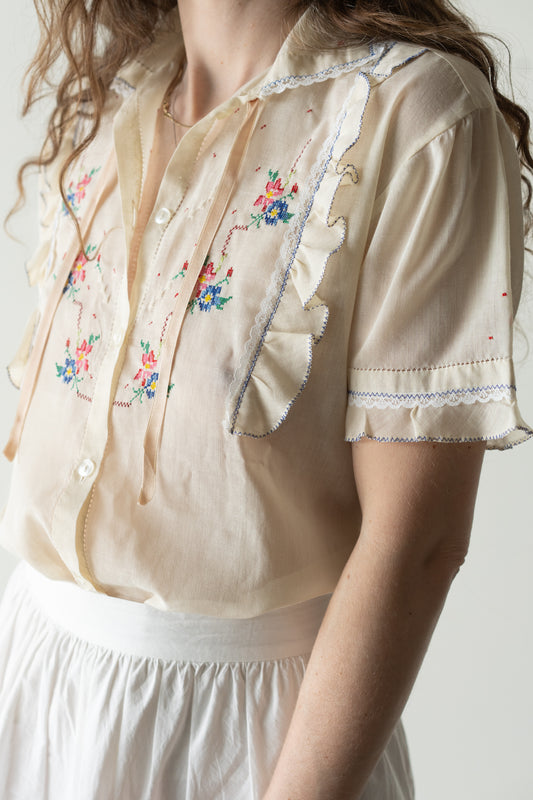 70s Embroidered Prairie Blouse