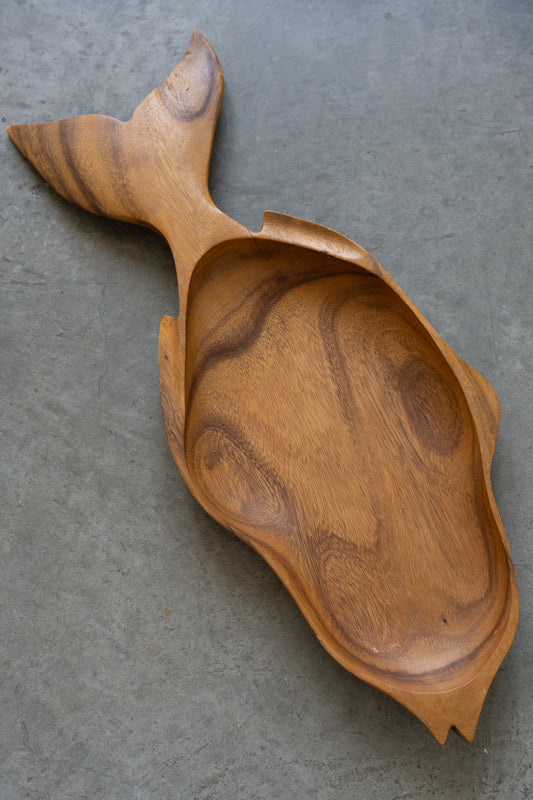 Large Carved Wood Fish Serving Bowl
