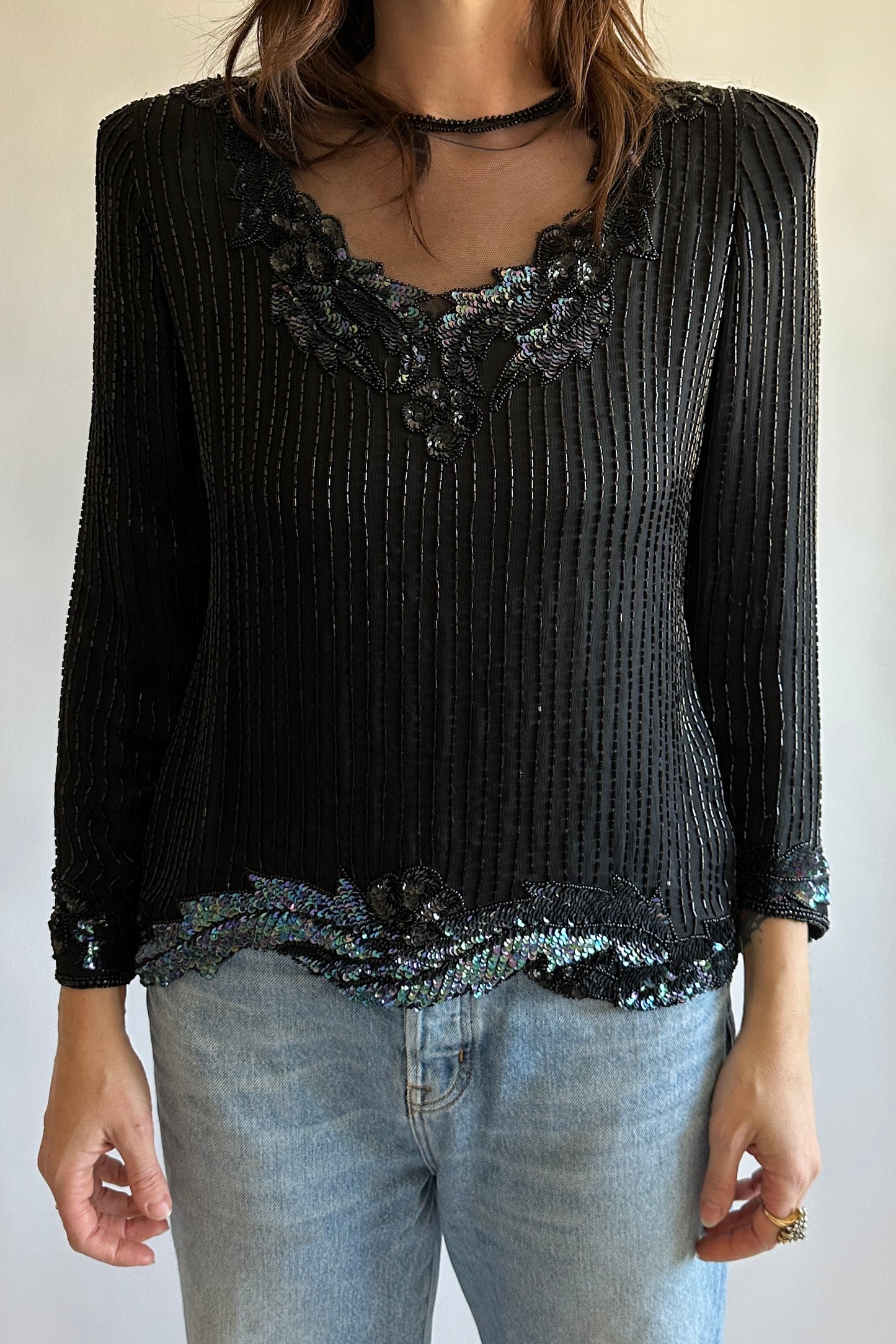 Mesh Neck Beaded Top