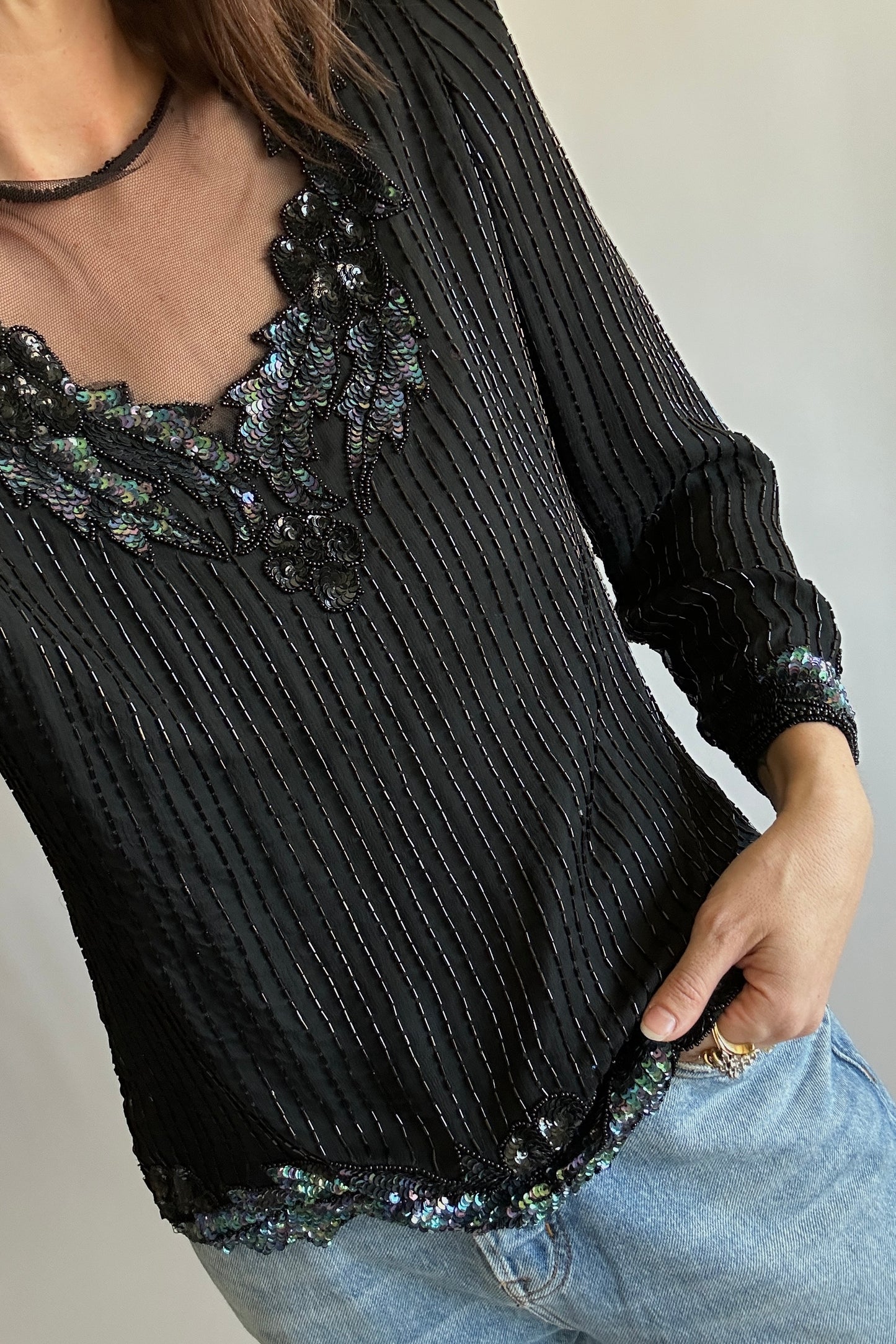 Mesh Neck Beaded Top